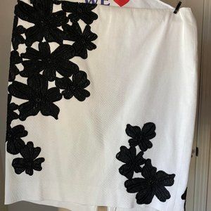 Per Se White Midi Skirt with Black Floral Appliqués